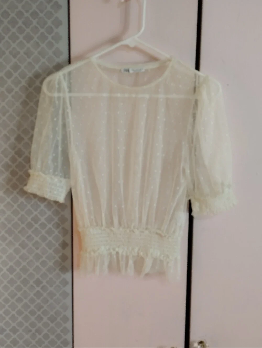 Sheer Ivory Puff-Sleeve Smocked Waist Top